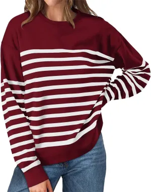 Navy Blue and White Sweater Women Sweatshirt Crewneck Long Sleeve Striped Tops Lightweight Fashion 2024