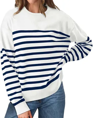 Navy Blue and White Sweater Women Sweatshirt Crewneck Long Sleeve Striped Tops Lightweight Fashion 2024