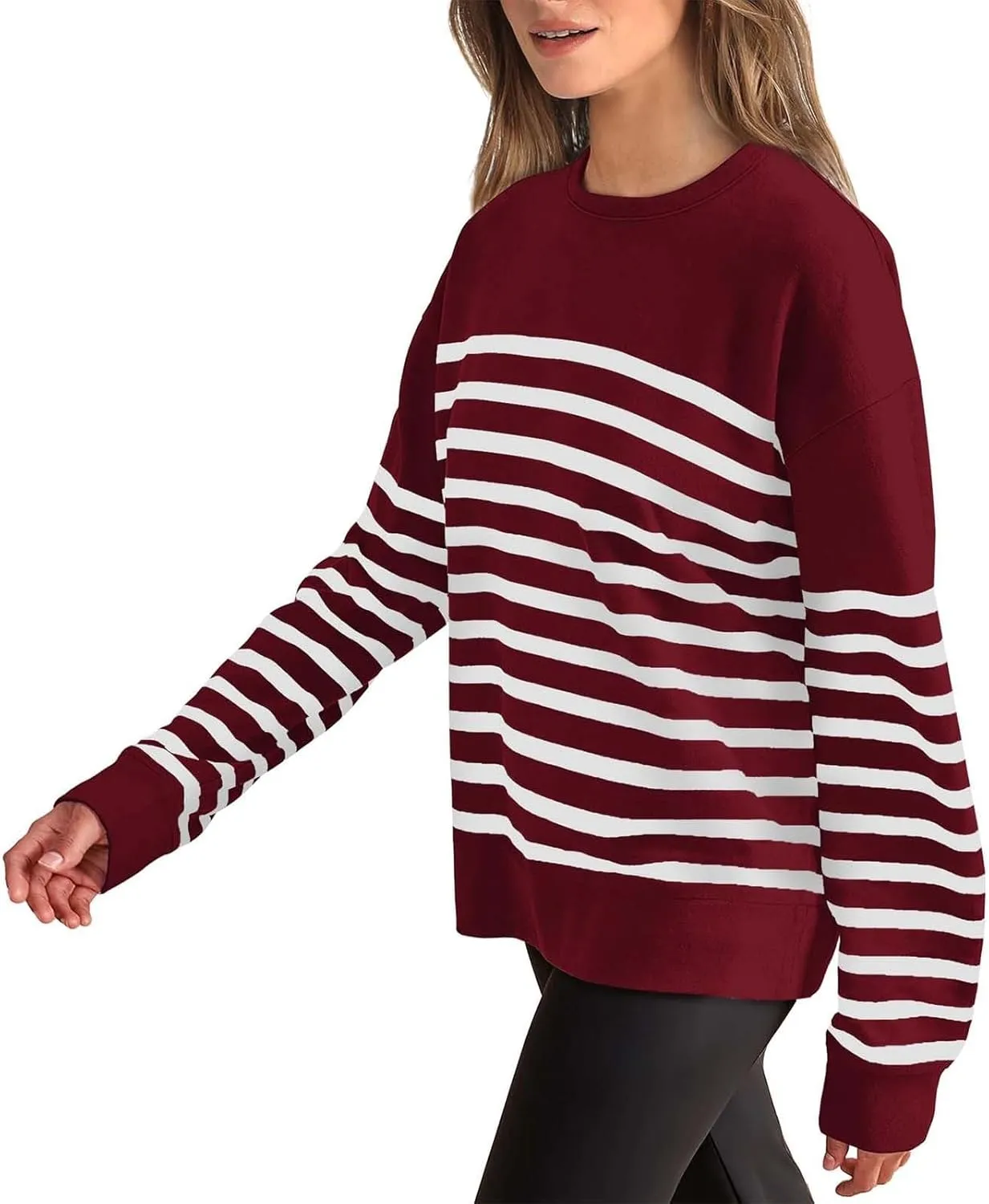 Navy Blue and White Sweater Women Sweatshirt Crewneck Long Sleeve Striped Tops Lightweight Fashion 2024