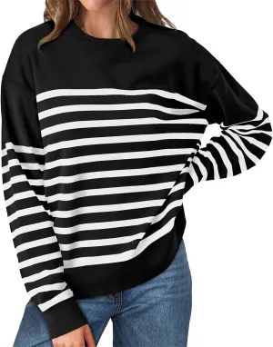 Navy Blue and White Sweater Women Sweatshirt Crewneck Long Sleeve Striped Tops Lightweight Fashion 2024