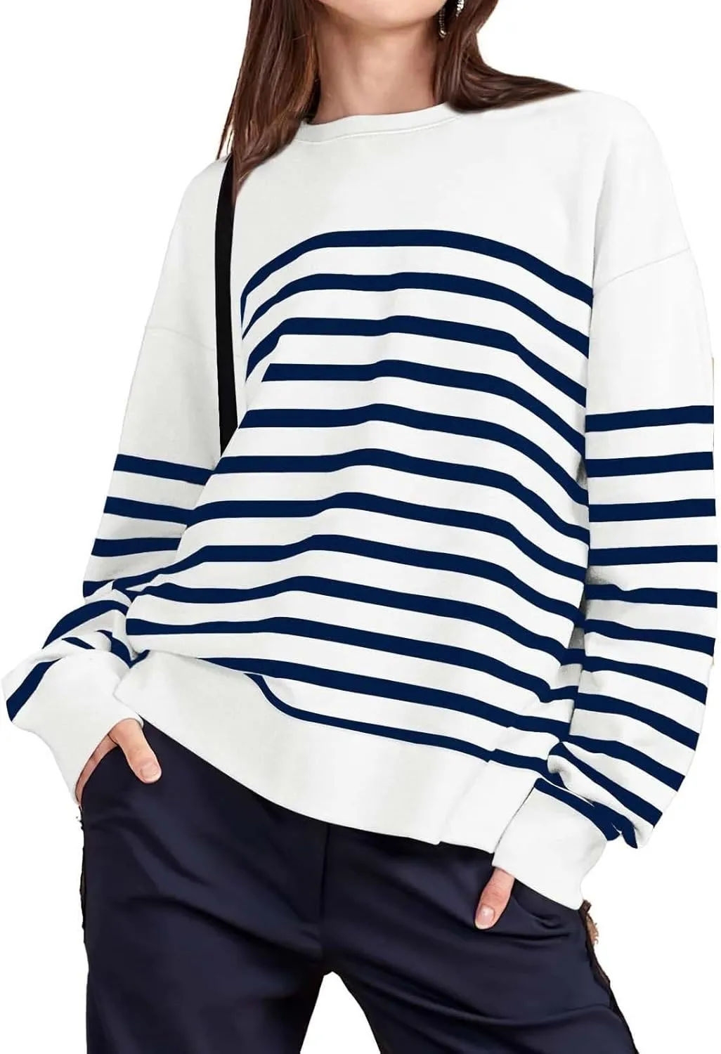 Navy Blue and White Sweater Women Sweatshirt Crewneck Long Sleeve Striped Tops Lightweight Fashion 2024