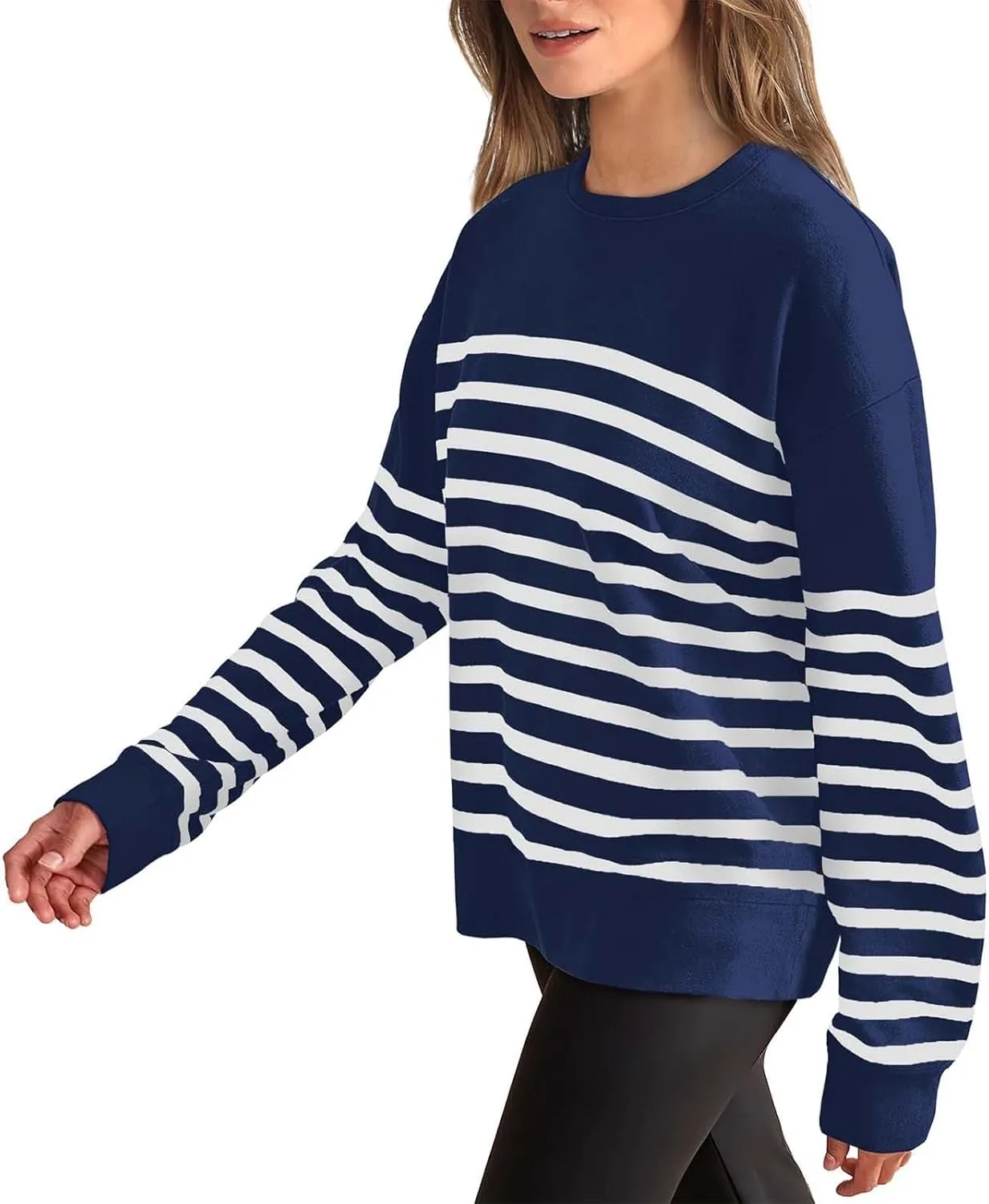 Navy Blue and White Sweater Women Sweatshirt Crewneck Long Sleeve Striped Tops Lightweight Fashion 2024