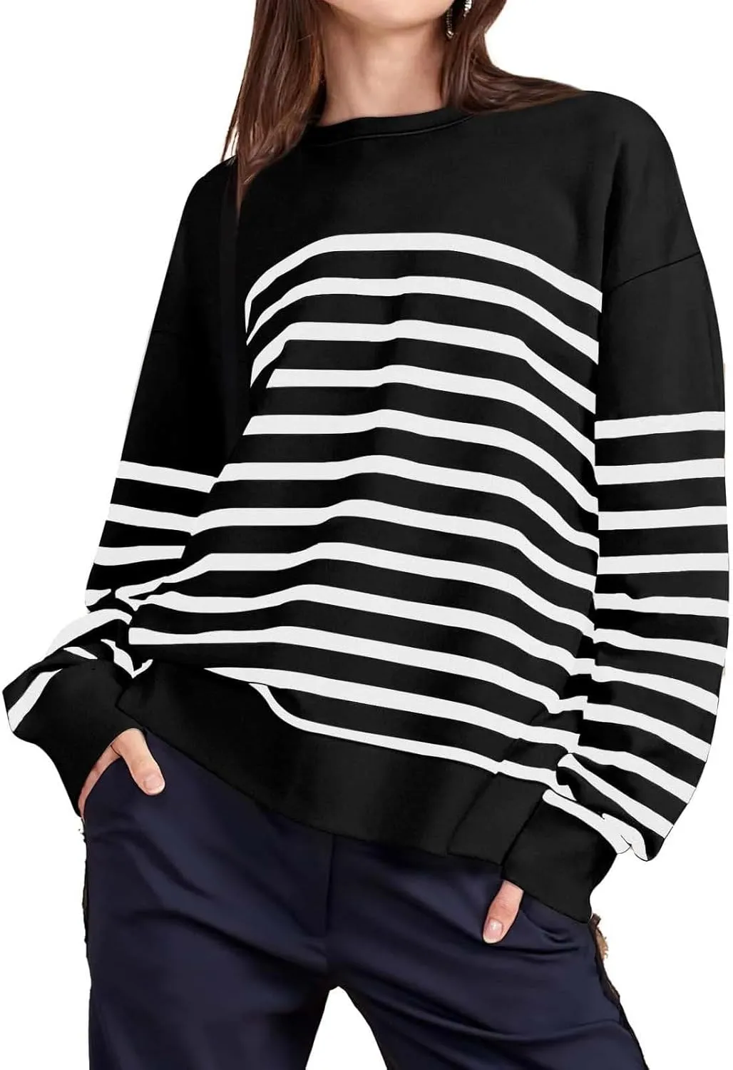 Navy Blue and White Sweater Women Sweatshirt Crewneck Long Sleeve Striped Tops Lightweight Fashion 2024