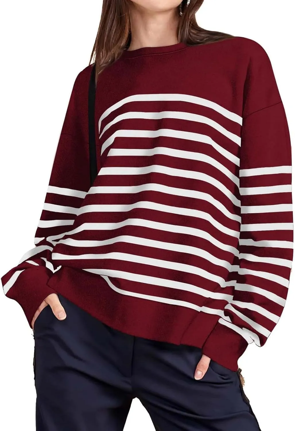 Navy Blue and White Sweater Women Sweatshirt Crewneck Long Sleeve Striped Tops Lightweight Fashion 2024