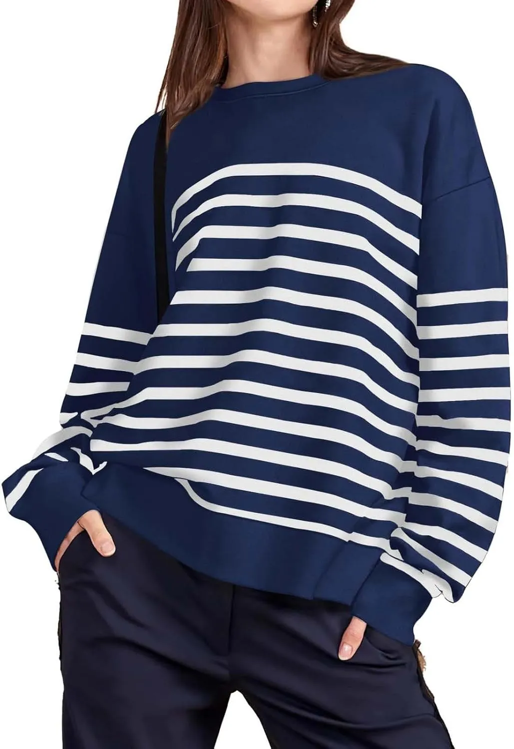 Navy Blue and White Sweater Women Sweatshirt Crewneck Long Sleeve Striped Tops Lightweight Fashion 2024