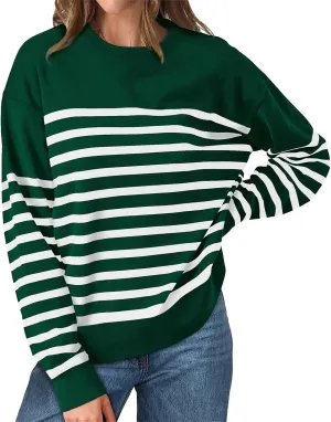 Navy Blue and White Sweater Women Sweatshirt Crewneck Long Sleeve Striped Tops Lightweight Fashion 2024