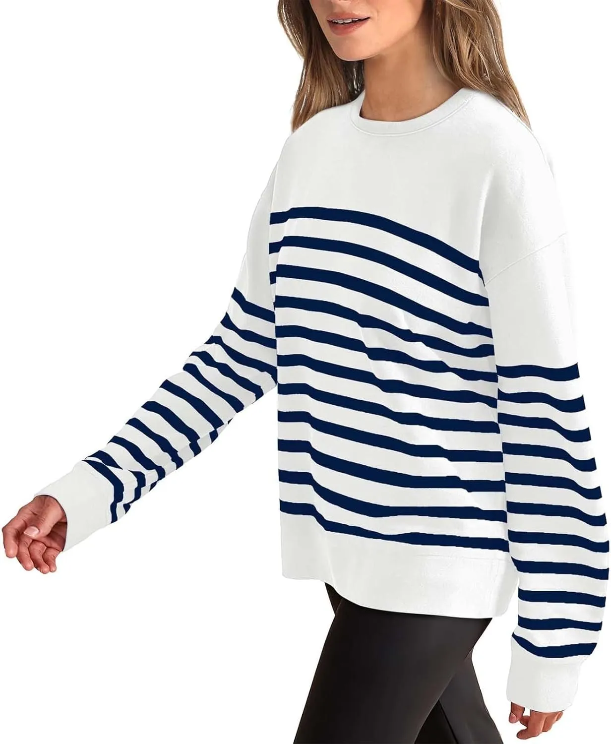 Navy Blue and White Sweater Women Sweatshirt Crewneck Long Sleeve Striped Tops Lightweight Fashion 2024
