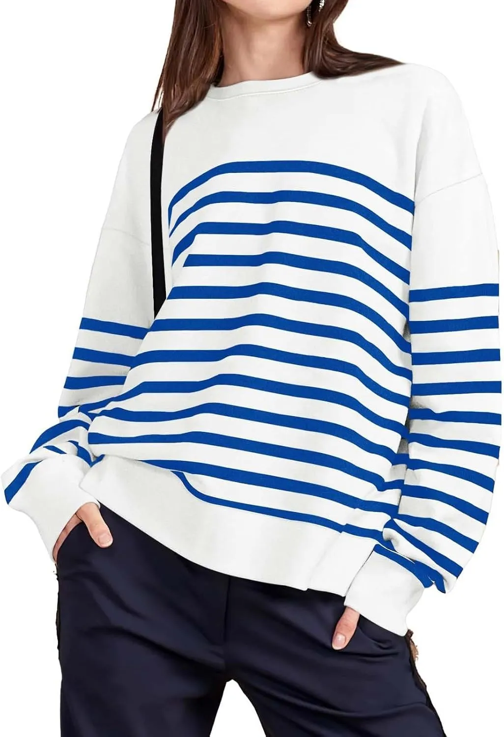 Navy Blue and White Sweater Women Sweatshirt Crewneck Long Sleeve Striped Tops Lightweight Fashion 2024