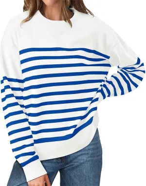 Navy Blue and White Sweater Women Sweatshirt Crewneck Long Sleeve Striped Tops Lightweight Fashion 2024