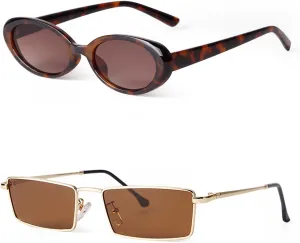 Oval Sunglasses for Women Tortoise shell, Retro Small Narrow Rectangle Sunglasses for Women Men Gold/Brown