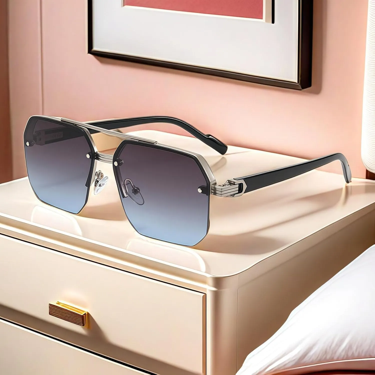 Oversize Retro Double Bridges Polygon Metal Men Sunglasses for Women Fashion Gradient Uv400 Trending