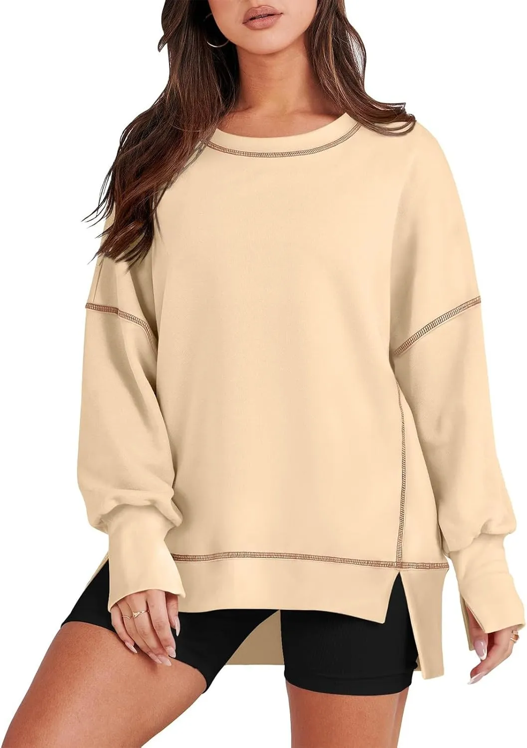 Oversized Crewneck Sweatshirt Women Loose Fit Trendy High Low Tops Casual Lightweight Stitch Hoodies Fall Clothes