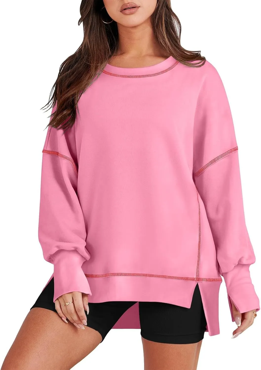 Oversized Crewneck Sweatshirt Women Loose Fit Trendy High Low Tops Casual Lightweight Stitch Hoodies Fall Clothes
