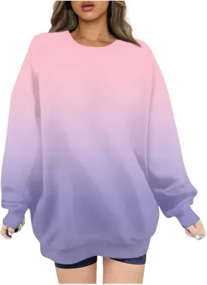 Oversized Sweatshirt for Women Gradient Color Tie-Dye Print Casual Crewneck Sweater Tops Loose Fit Long Sleeve Clothes