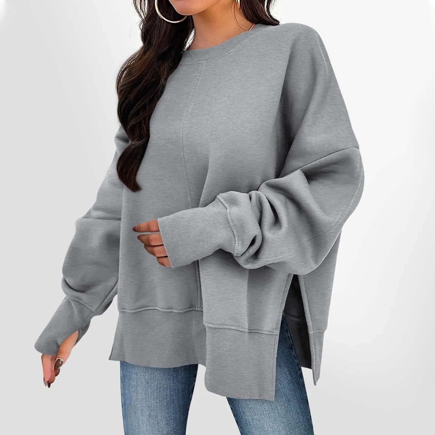 Oversized Sweatshirts for Women Loose Fit Long Sleeve Crew Neck Sweatshirts Casual Split Hem Thumb Hole Pullover