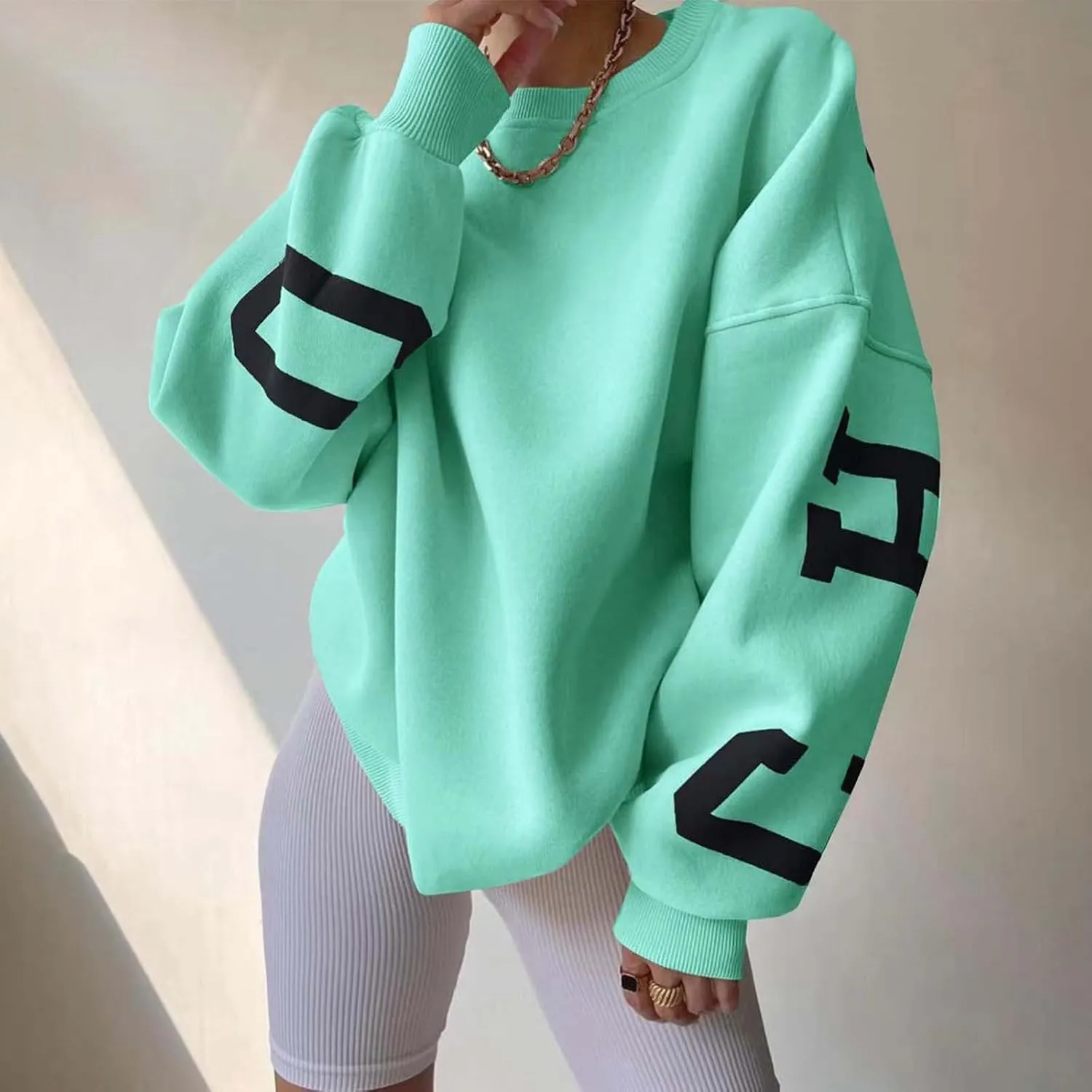 Oversized Women's Sweatshirt Solid Color Round Neck Long Sleeve Casual High Low Pullover Sweatshirt Top
