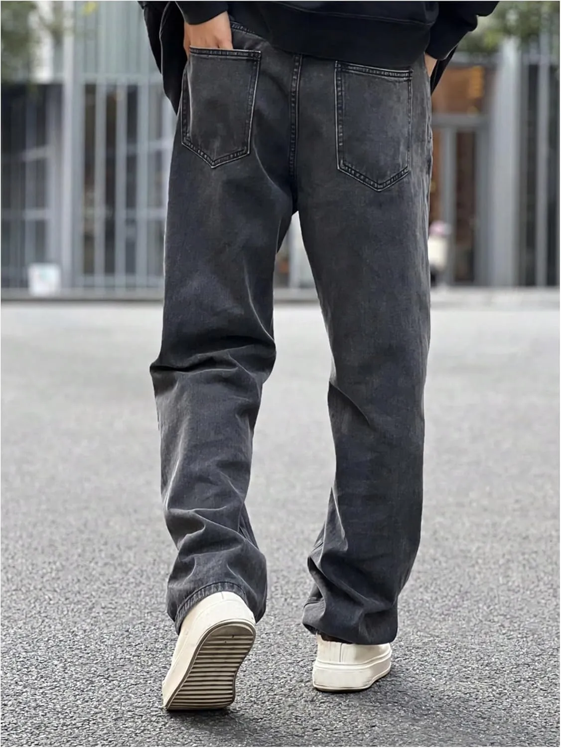 OYOANGLE Men's Drawstring Waist Jeans Straight Leg Denim Pants with Pocket Zipper Fly Trousers