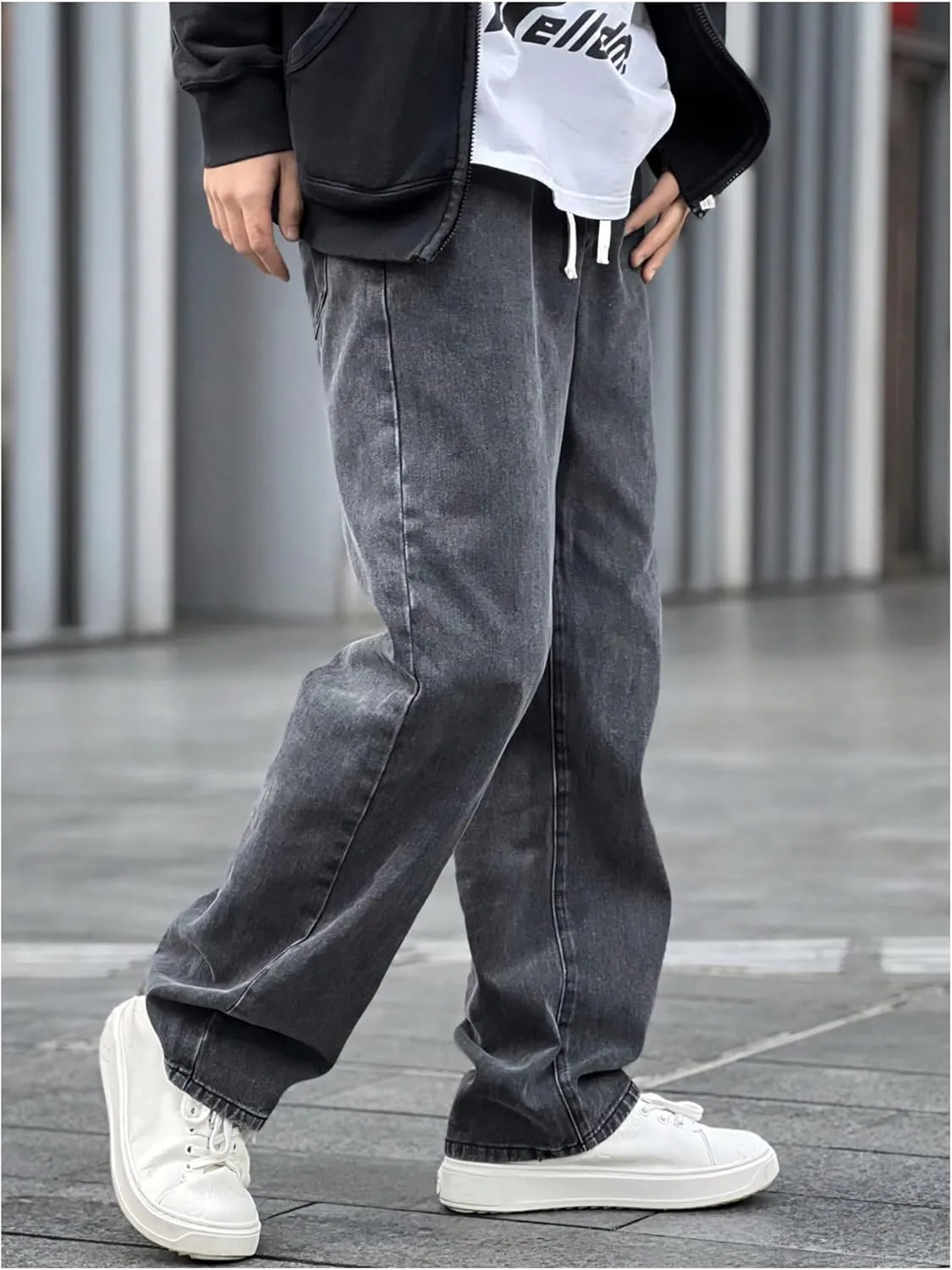 OYOANGLE Men's Drawstring Waist Jeans Straight Leg Denim Pants with Pocket Zipper Fly Trousers