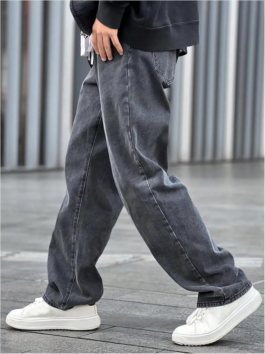 OYOANGLE Men's Drawstring Waist Jeans Straight Leg Denim Pants with Pocket Zipper Fly Trousers