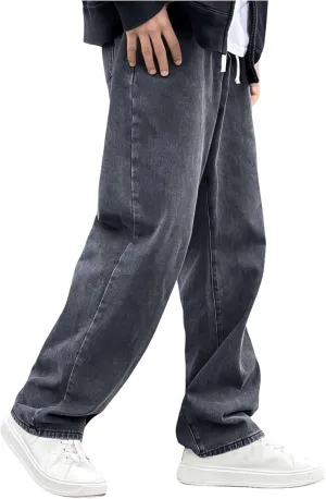 OYOANGLE Men's Drawstring Waist Jeans Straight Leg Denim Pants with Pocket Zipper Fly Trousers