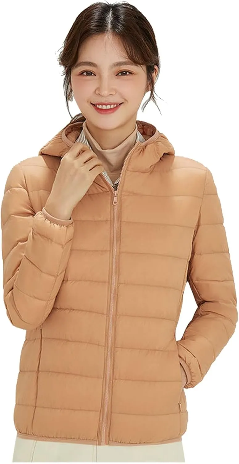 Packable Jackets for Women Lightweight Slim Fit Puffer Jacket Casual Hooded Warm Winter Quilted Down Jacket with Hood