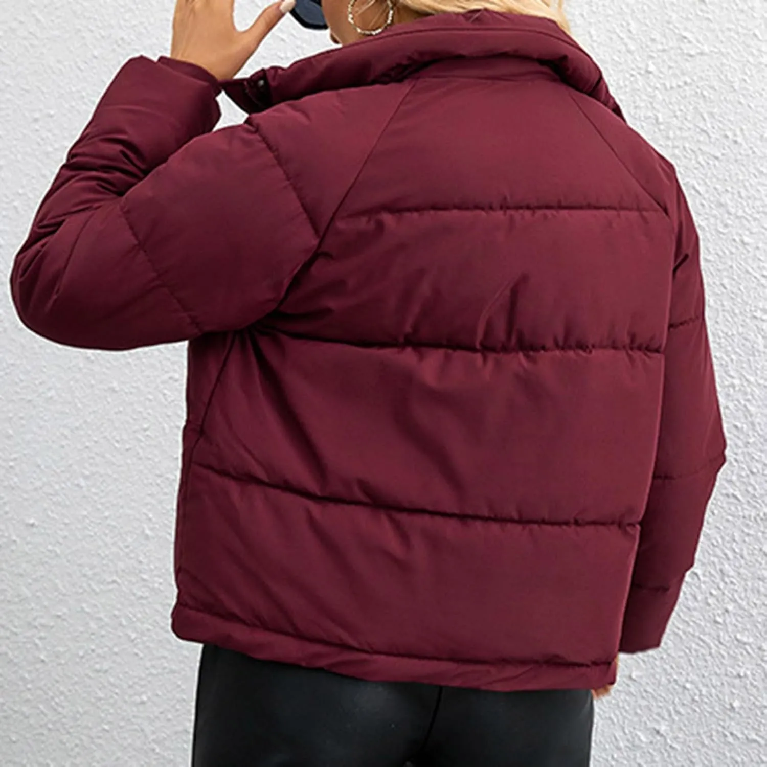 Puffer Jacket Womens Stand Collar Full-Zip Quilted Puffer Coat Thicken Warm Puffer Jacket Coats Cropped Down Coats