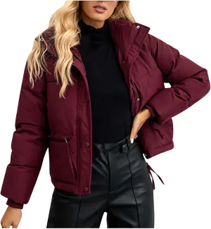 Puffer Jacket Womens Stand Collar Full-Zip Quilted Puffer Coat Thicken Warm Puffer Jacket Coats Cropped Down Coats