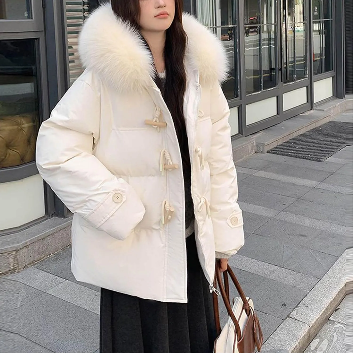 Quilted Jackets for Women Fashion Fuzzy Hooded Winter Warm Puffer Jackets Oversized Casual Ski Coats Down Outerwear