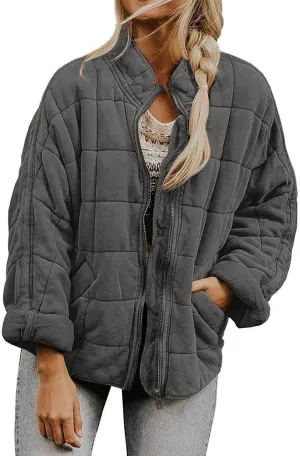 Quilted Jackets for Women Long Sleeve Zip Up Jacket Coat Loose Fit Puffer Jackets Winter Warm Outwear with Pockets
