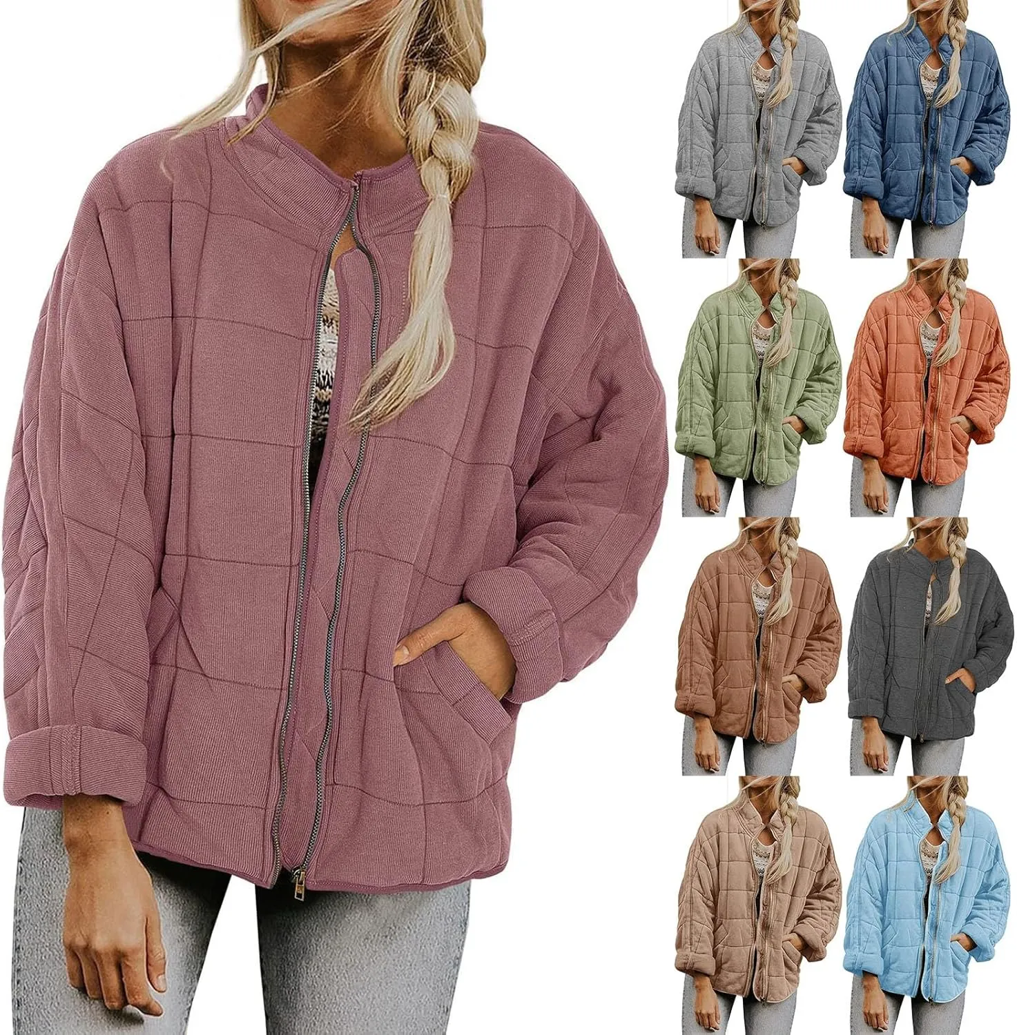 Quilted Jackets for Women Long Sleeve Zip Up Jacket Coat Loose Fit Puffer Jackets Winter Warm Outwear with Pockets