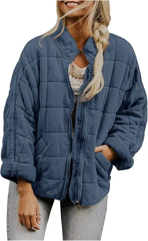 Quilted Jackets for Women Long Sleeve Zip Up Jacket Coat Loose Fit Puffer Jackets Winter Warm Outwear with Pockets