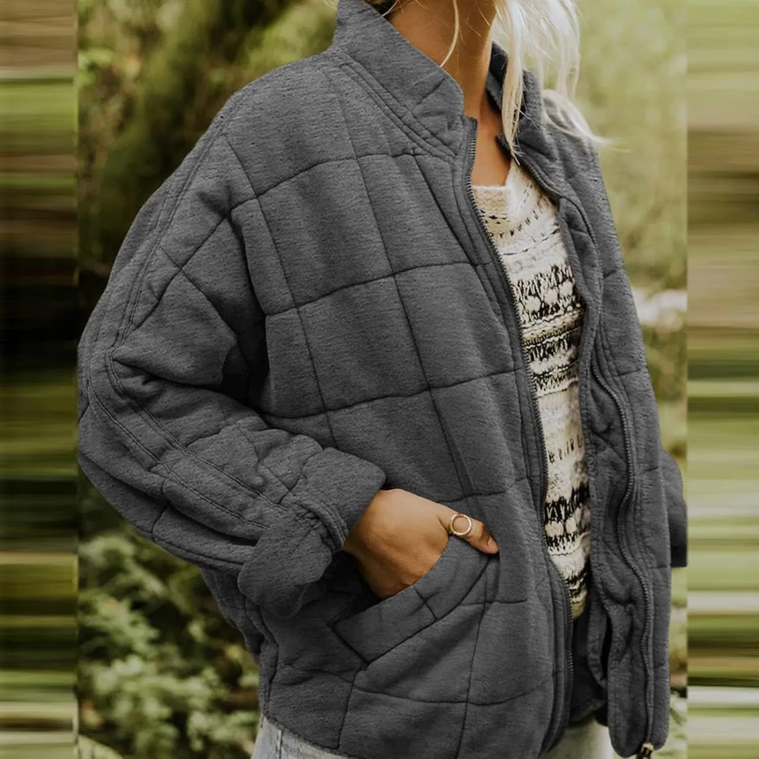 Quilted Jackets for Women Long Sleeve Zip Up Jacket Coat Loose Fit Puffer Jackets Winter Warm Outwear with Pockets