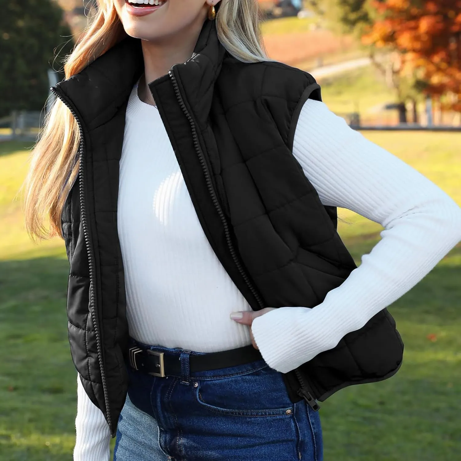 Quilted Vest Women Winter Stand Collar Cropped Quilted Down Gilet Jacket Oversized Zip Up Down Puffer Jacket Outerwear