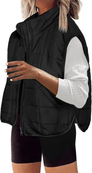 Quilted Vest Women Winter Stand Collar Cropped Quilted Down Gilet Jacket Oversized Zip Up Down Puffer Jacket Outerwear