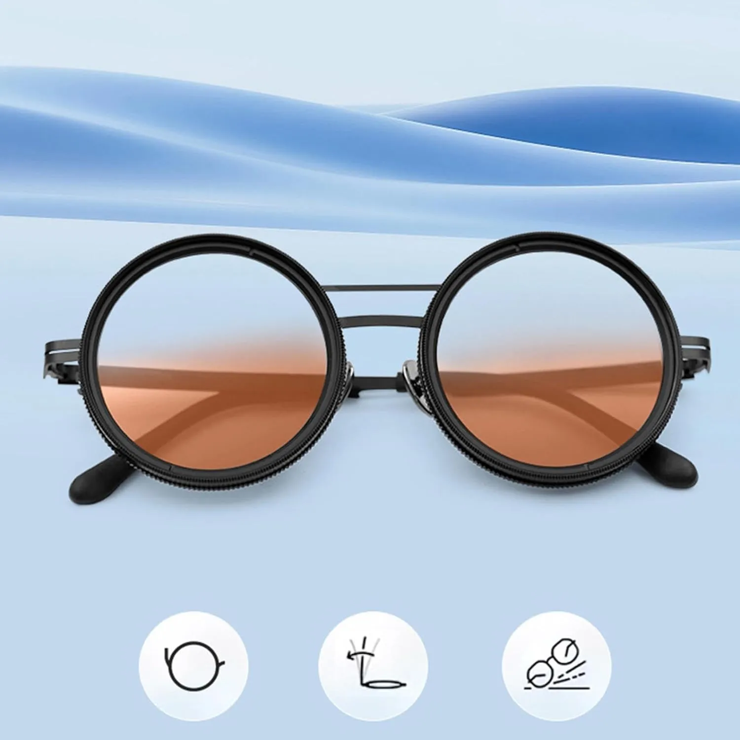 Round Sunglasses for Men, Shatterproof 1-9 Gears Mens Sunglasses Polarized, Adjustable Lens Photochromic Sunglass for Men