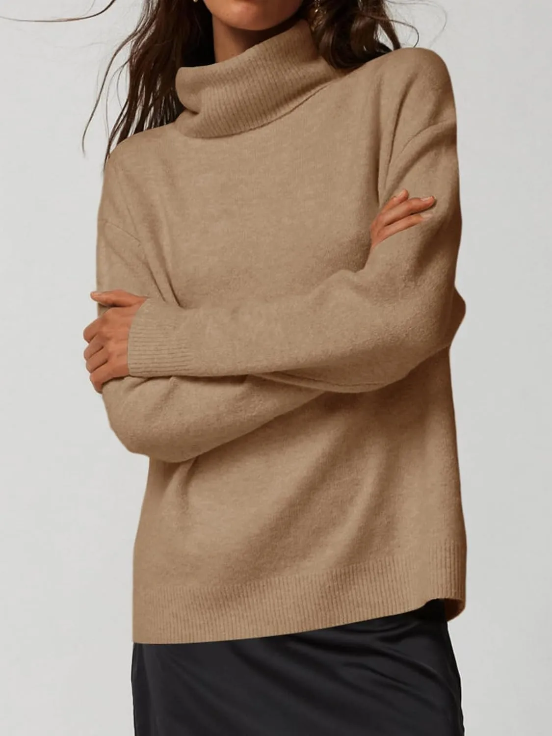 Saodimallsu Womens Oversized Turtleneck Sweaters Long Sleeve Soft Knit Casual Tunic Sweater Tops