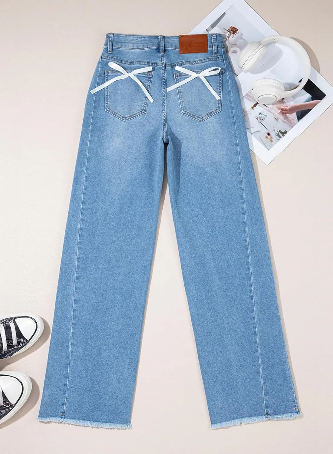 Sidefeel Women's Bowknot Wide Leg Jeans High Waisted Strechy Raw Hem Denim Pants