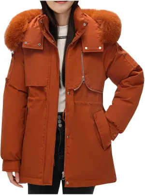 Snow Jackets for Women Winter Thermal Puffer Jacket Slim Fit Thickened Down Jackets Fuzzy Hooded Soild Parka Coats