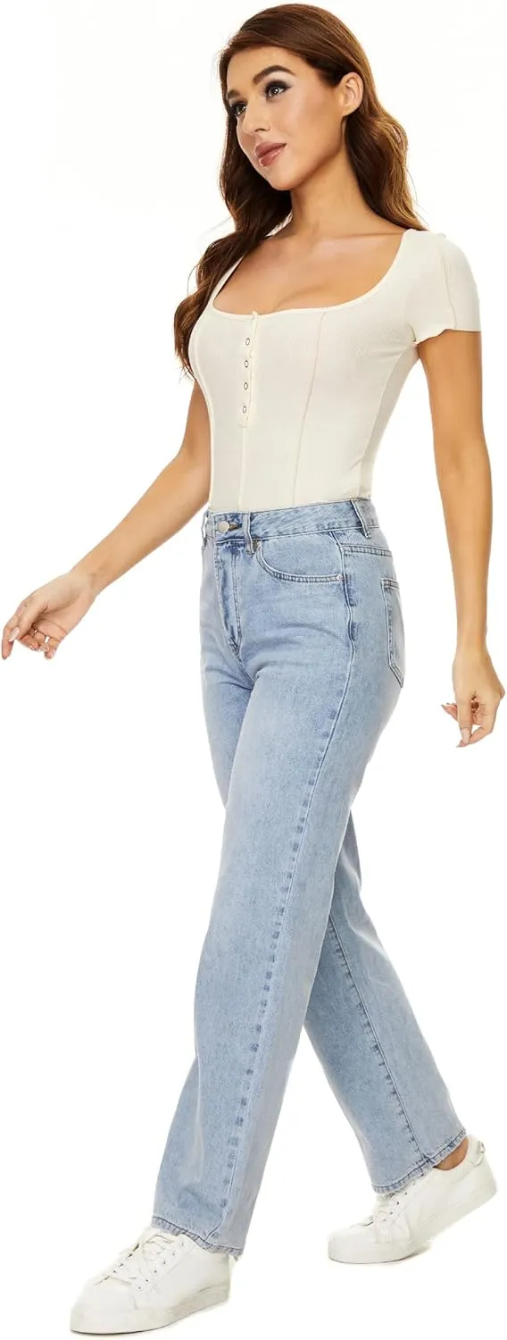 Straight Leg Jeans for Women High Waisted Relaxed Fit Button Fly Distressed Boyfriend Mom Jeans