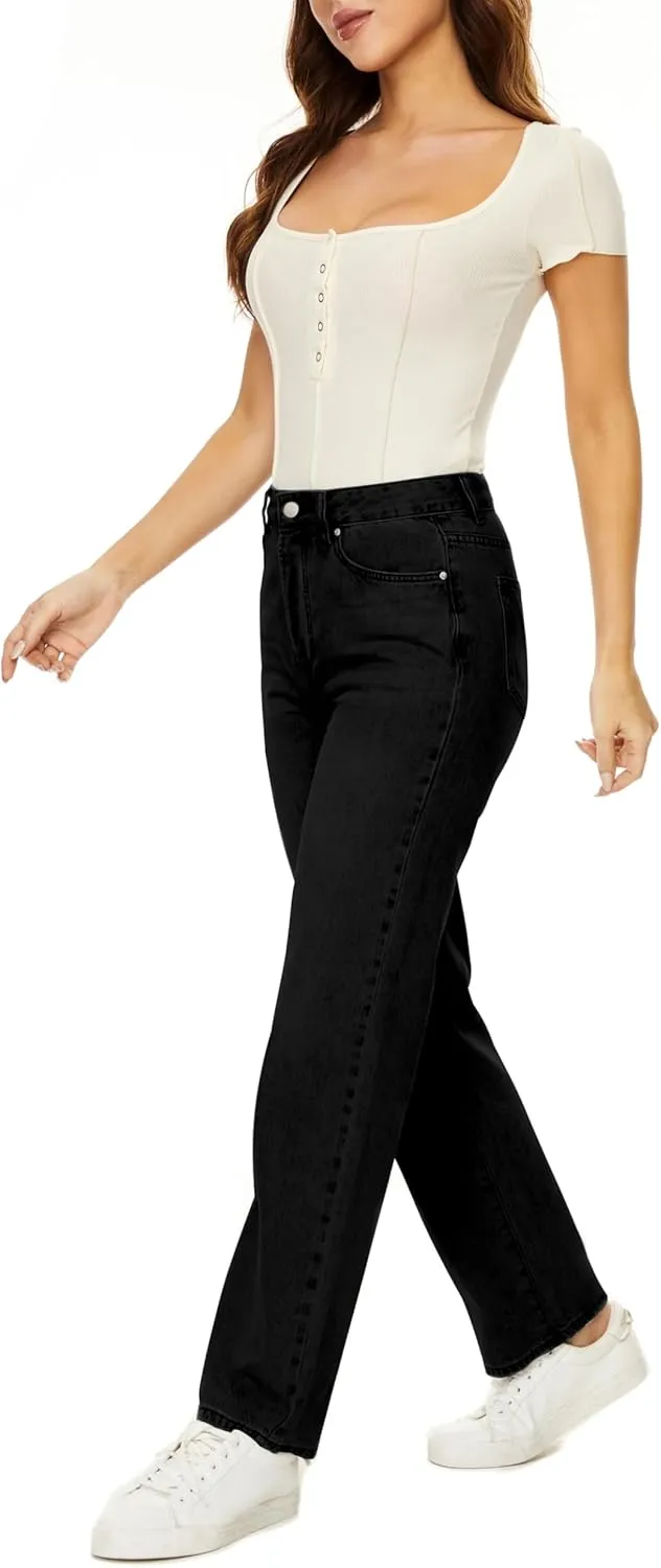 Straight Leg Jeans for Women High Waisted Relaxed Fit Button Fly Distressed Boyfriend Mom Jeans