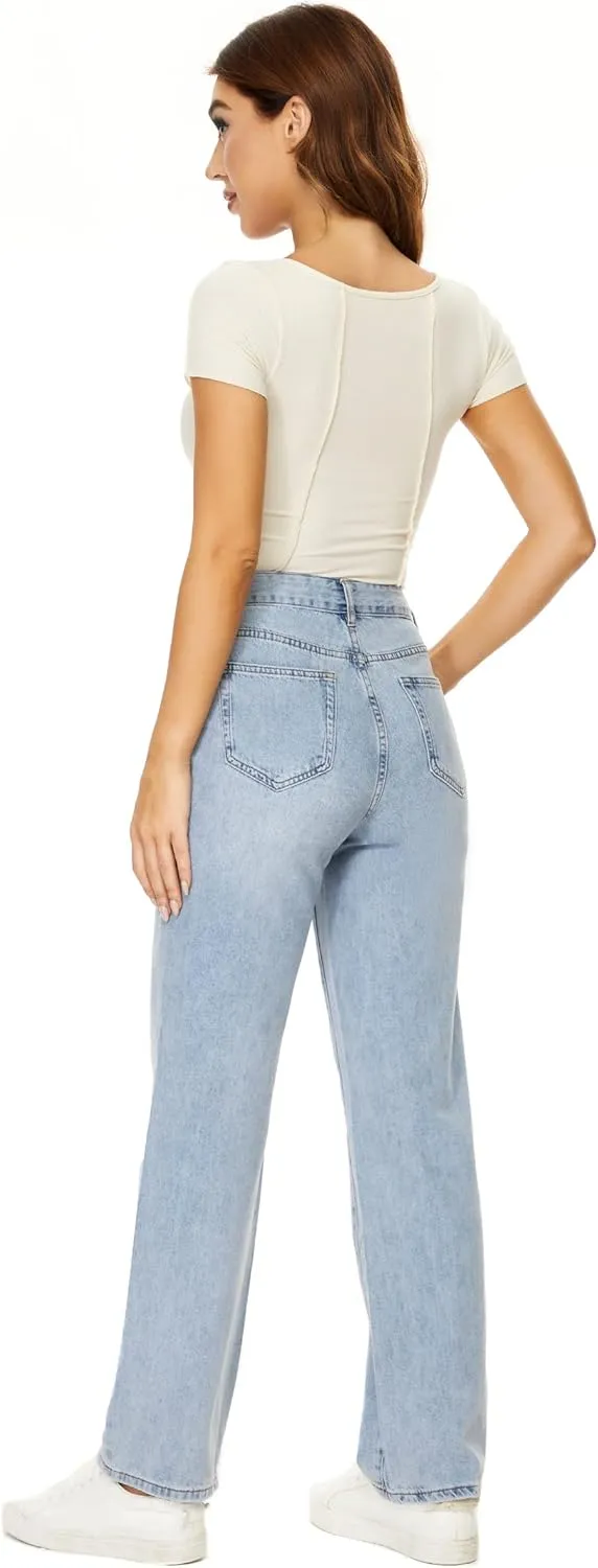 Straight Leg Jeans for Women High Waisted Relaxed Fit Button Fly Distressed Boyfriend Mom Jeans