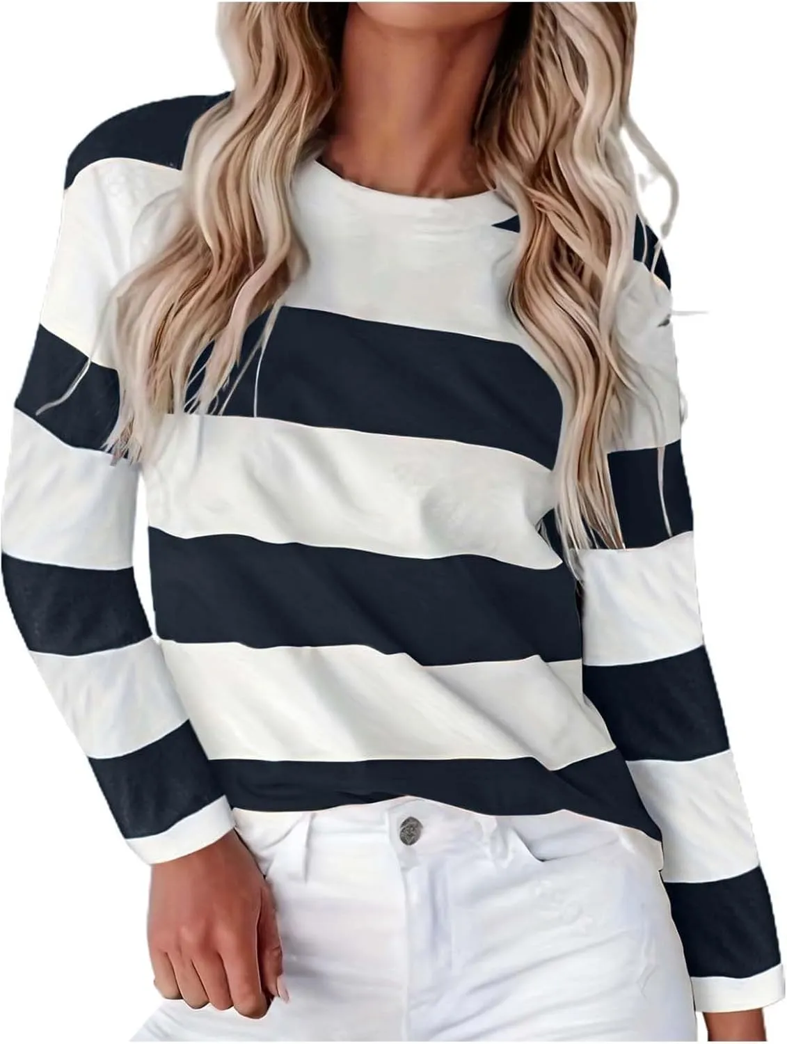 Striped Fall Sweatshirt for Women Long Sleeve Crew Neck Shirts Casual Orange and White Shirt Causal Basic Tops
