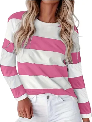 Striped Fall Sweatshirt for Women Long Sleeve Crew Neck Shirts Casual Orange and White Shirt Causal Basic Tops
