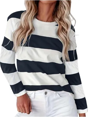 Striped Fall Sweatshirt for Women Long Sleeve Crew Neck Shirts Casual Orange and White Shirt Causal Basic Tops