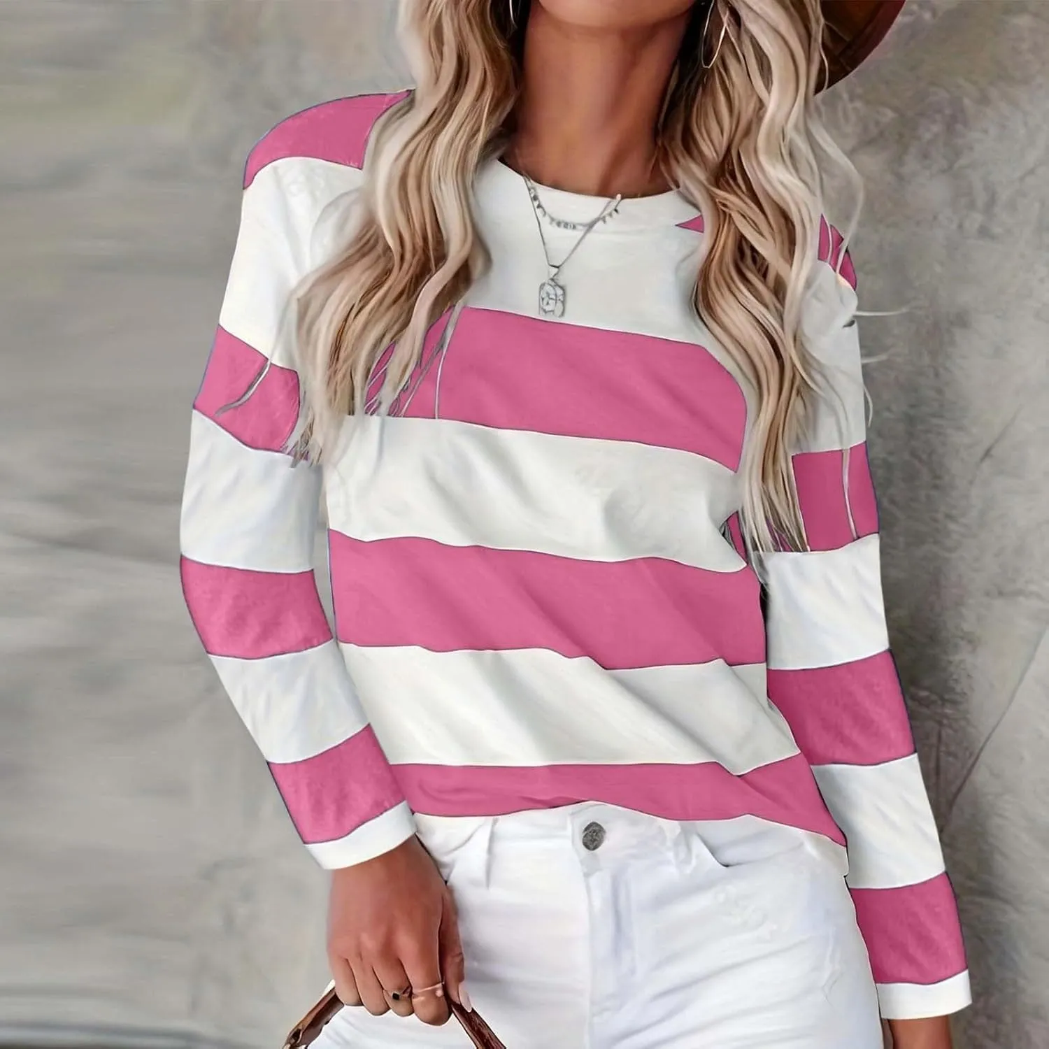 Striped Fall Sweatshirt for Women Long Sleeve Crew Neck Shirts Casual Orange and White Shirt Causal Basic Tops