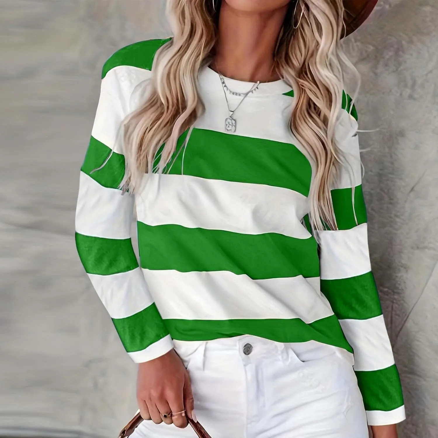 Striped Fall Sweatshirt for Women Long Sleeve Crew Neck Shirts Casual Orange and White Shirt Causal Basic Tops