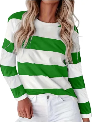 Striped Fall Sweatshirt for Women Long Sleeve Crew Neck Shirts Casual Orange and White Shirt Causal Basic Tops