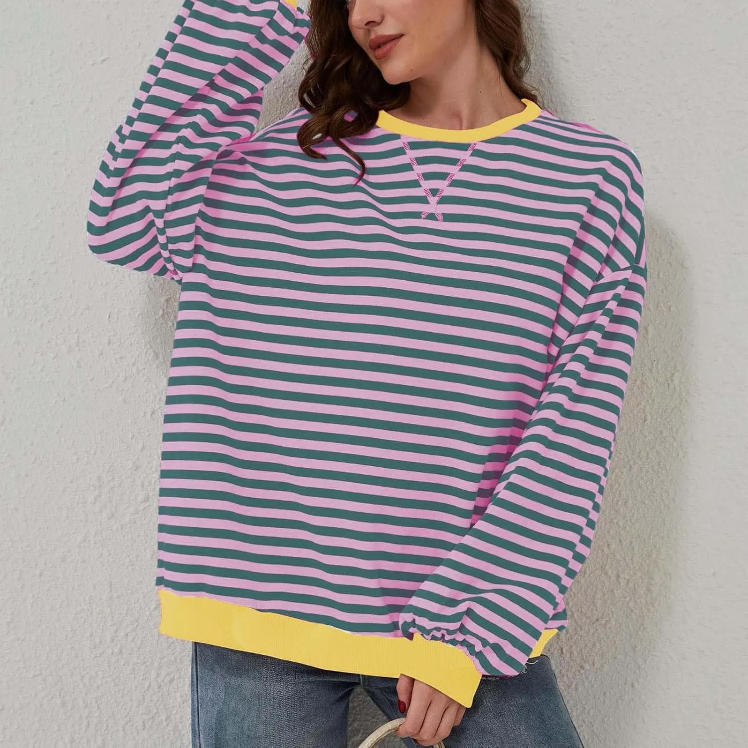 Striped Sweatshirt Women Oversized Striped Color Block Long Sleeve Crew Shirt Women Casual Loose Pullover hirt Top