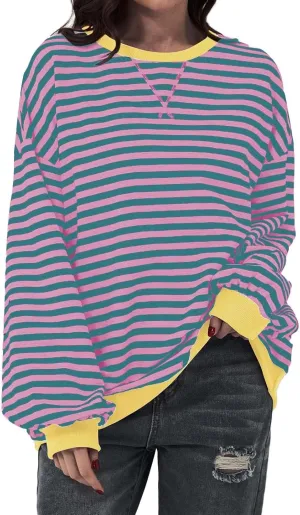 Striped Sweatshirt Women Oversized Striped Color Block Long Sleeve Crew Shirt Women Casual Loose Pullover hirt Top
