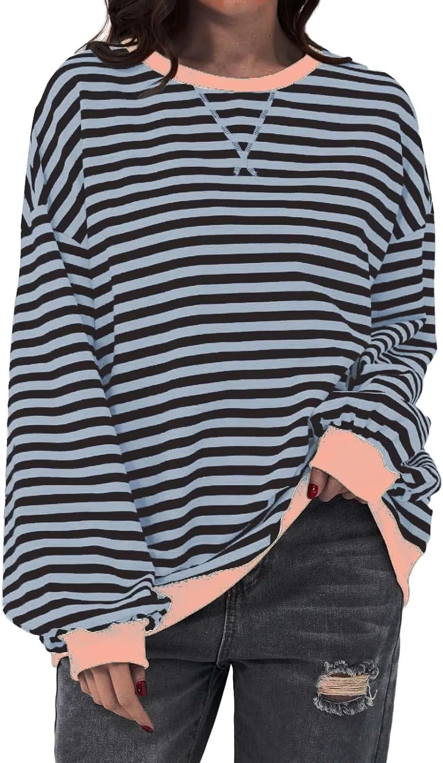 Striped Sweatshirt Women Oversized Striped Color Block Long Sleeve Crew Shirt Women Casual Loose Pullover hirt Top